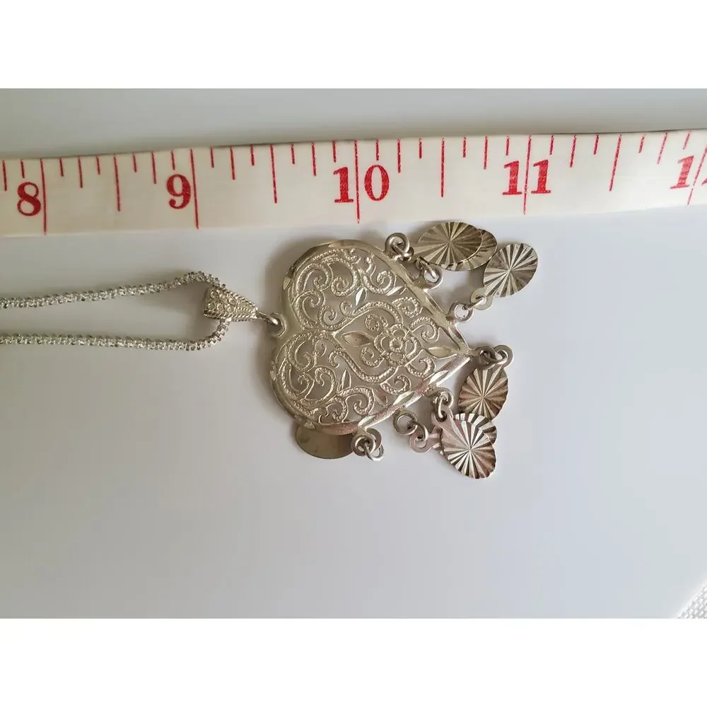 Vintage Diamond Etched Sterling Silver Heart Necklace